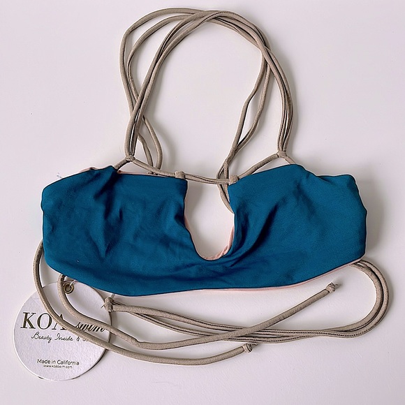 NWT (XS) KOA swim top teal gold London bikini top reversible pink racer back - Picture 10 of 14